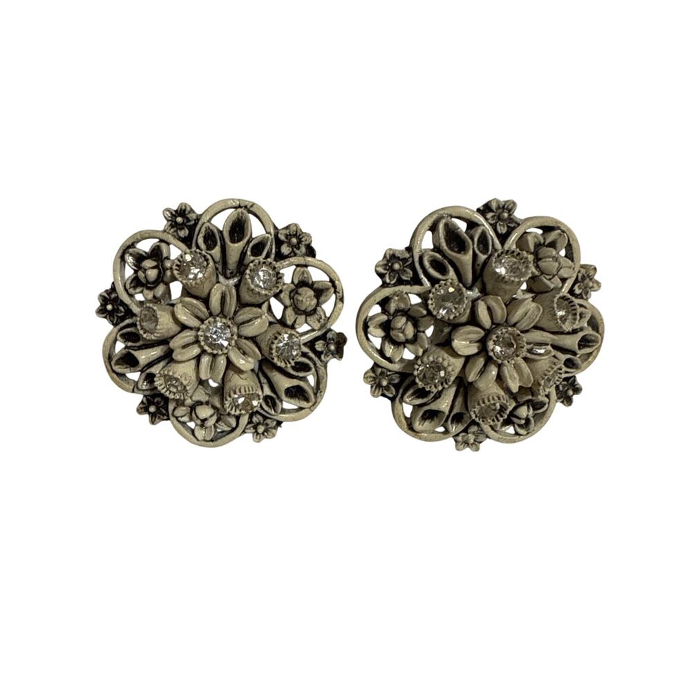 VTG Featherlite Celluloid Earrings Carved Floral Cream Rhinestone Shaded ScrewOn